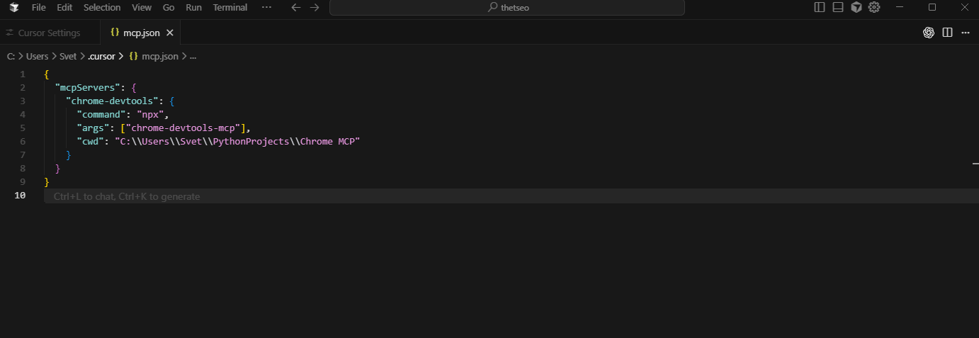 screenshot of the the mcp.json file on Cursor with Chrome Dev Tools MCP config