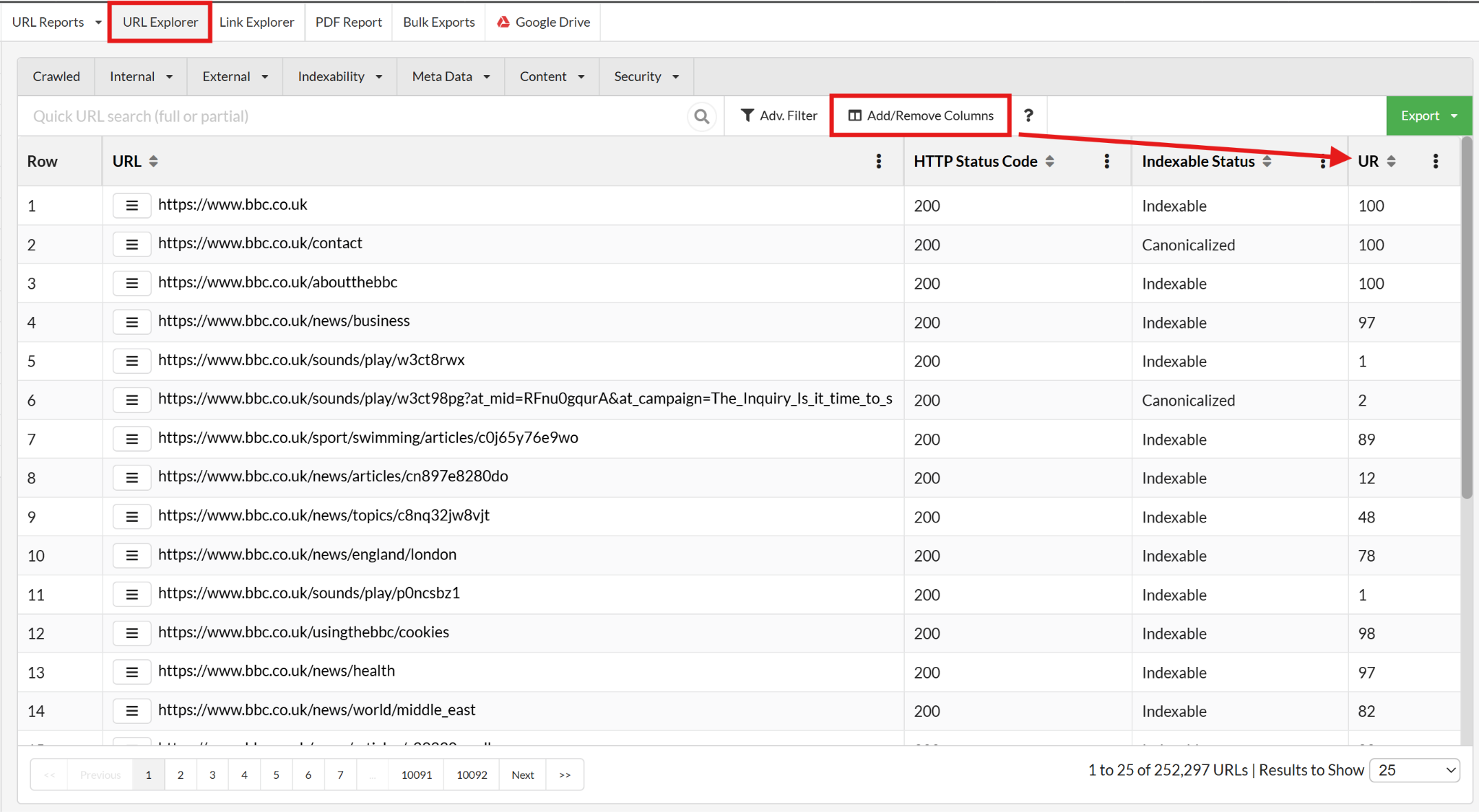 Sitebulb URL Explorer showing URL Rank (UR) scores for key pages which you can find and view by clicking add/remove columns