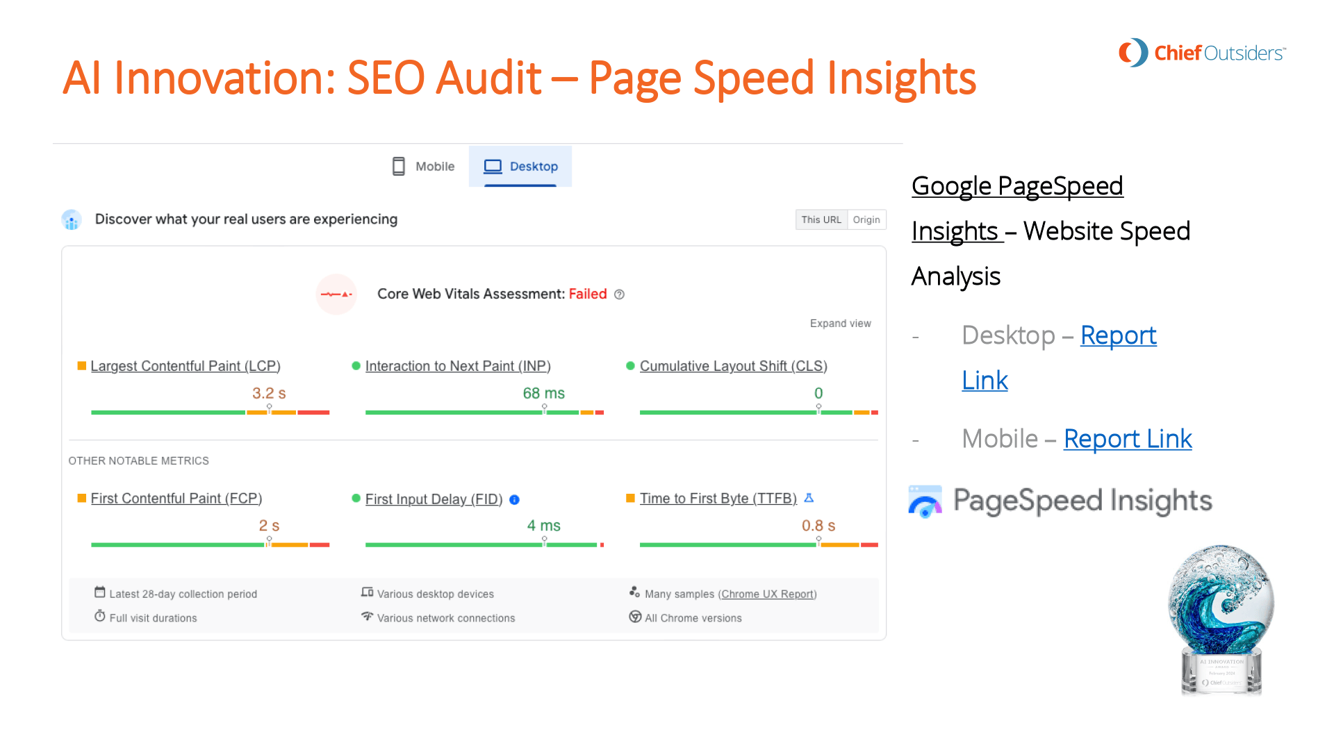 AI Innovation:  SEO Audit - Page Speed Insights