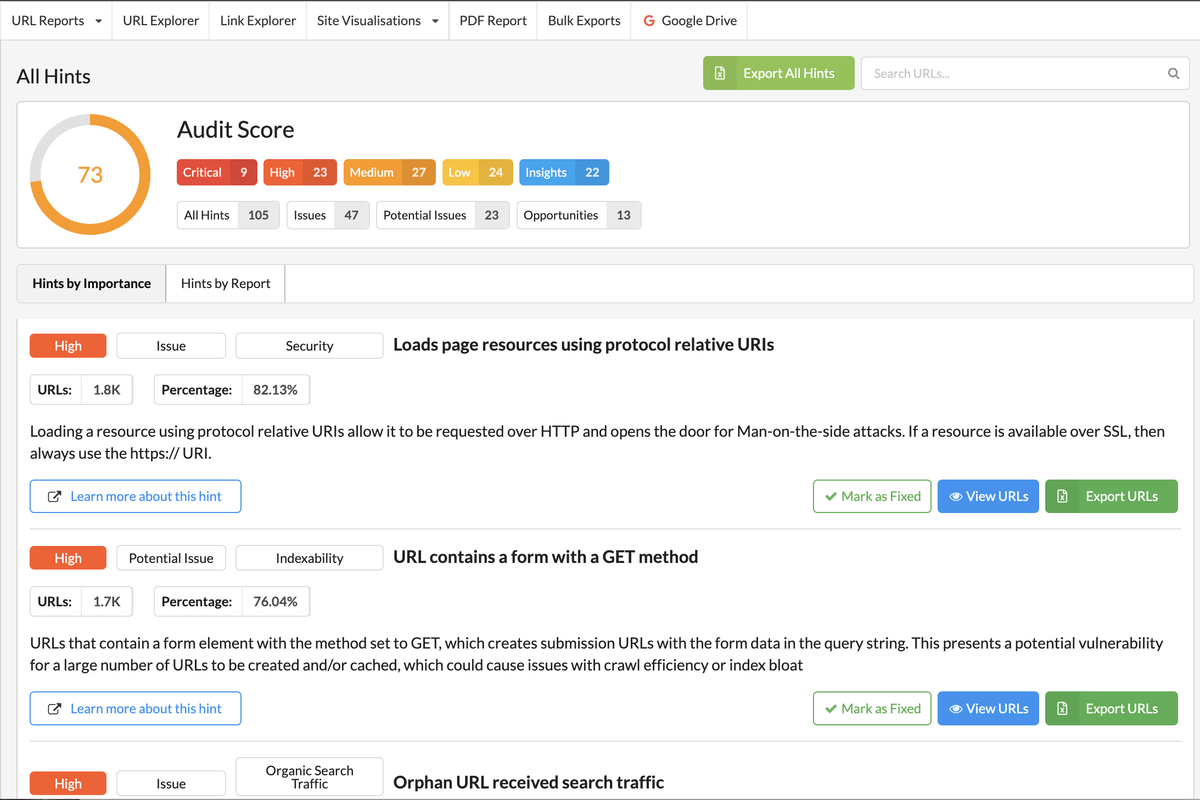 Showing Audit Score and All Hints in Sitebulb