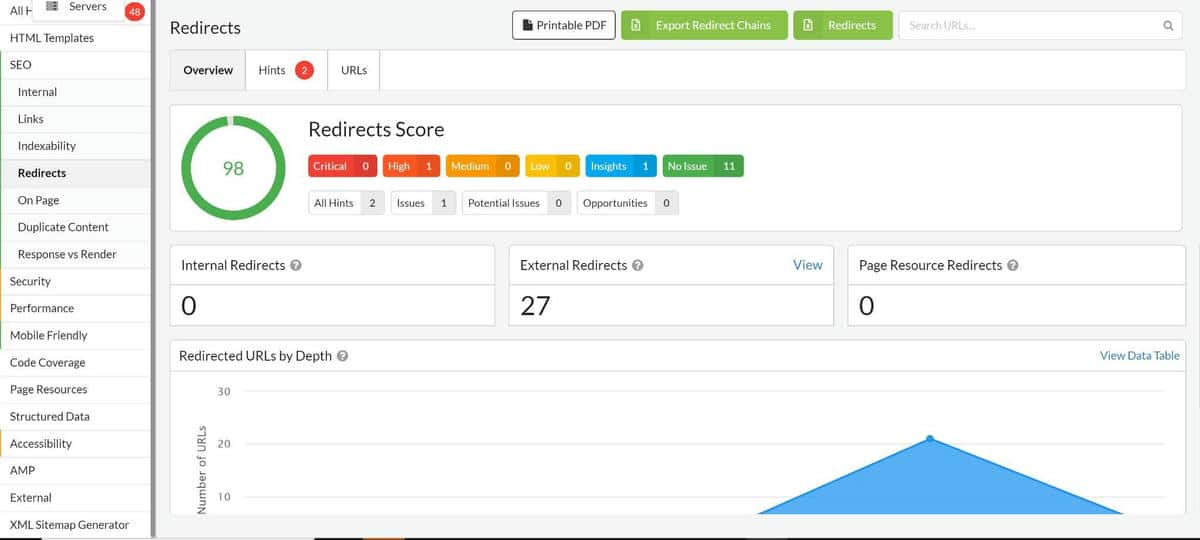 Sitebulb redirect report section screenshot