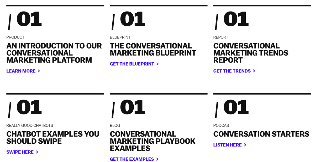 Example of Drift's landing page seo that contains umbrella content links relating to conversational marketing