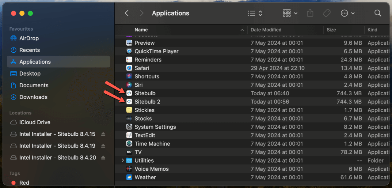 Finding Sitebulb in the Applications folder