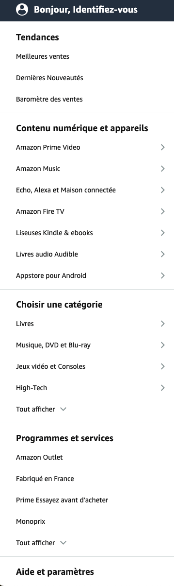 Amazon France Menu