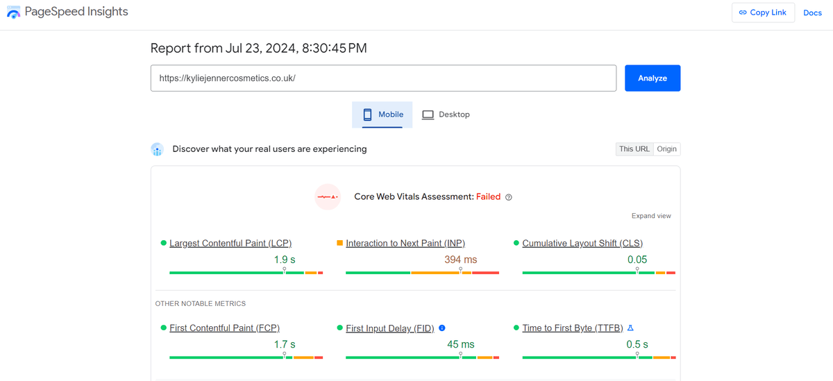 Shopify store’s report in PageSpeed Insights on Core Web Vitals