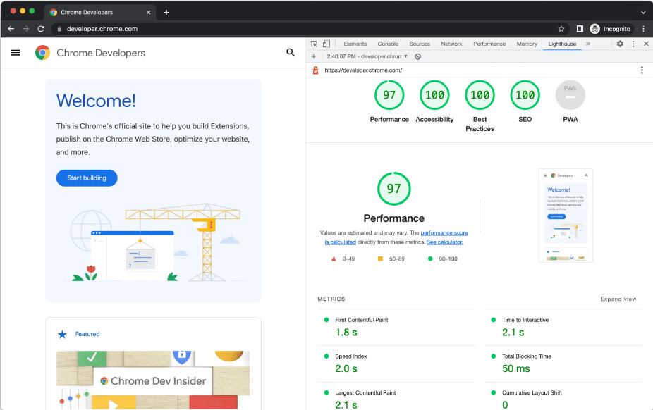 Google Lighthouse audit for performance, accessibility, best practices, SEO, and PWA.