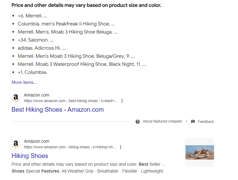 screenshot of amazon featured snippet for best hiking shoes