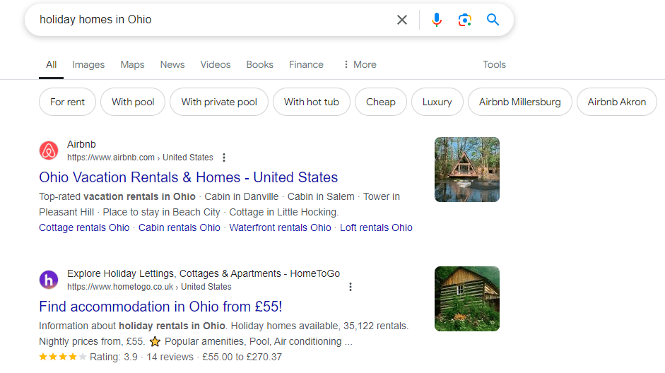 screenshot of 'holiday homes in Ohio’ placing Airbnb at position #1 on SERPs.