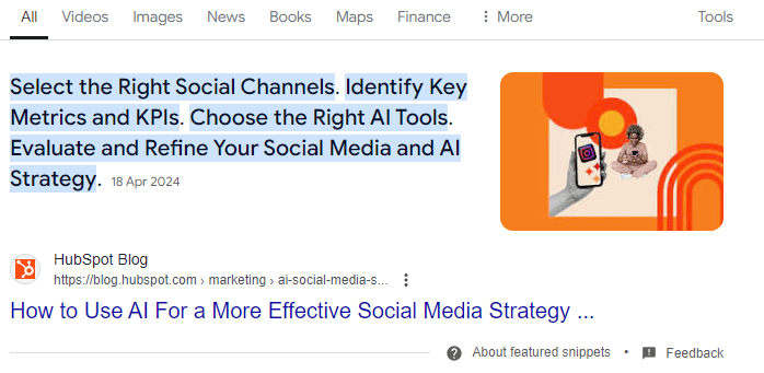 hubspot featured snippet from how to use AI for more effective social strategy blog