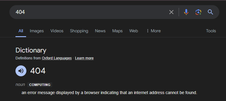 Oxford Language dictionary entry for '404'