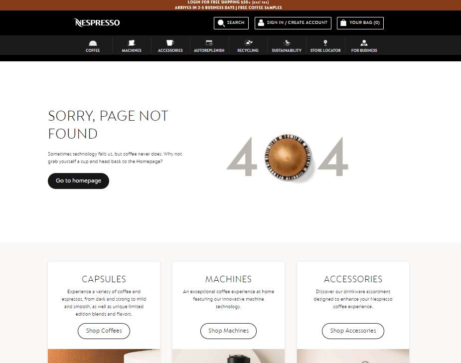 Nespresso’s 404 page: Using this page as an example to show how website owners can be creative with their 404 pages for better user experience