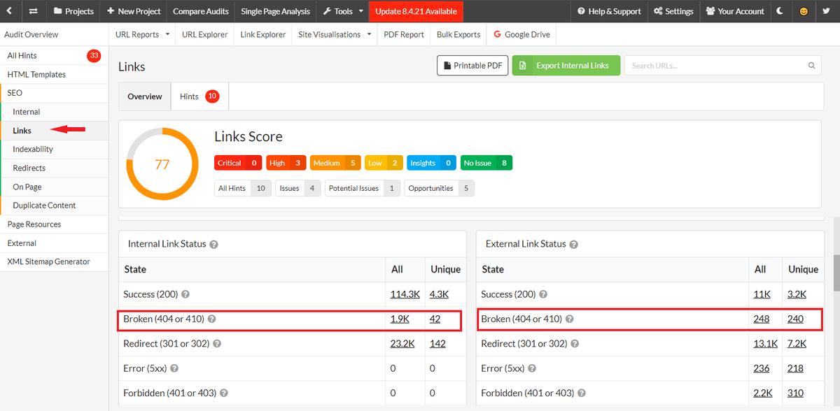 An image illustrating how to navigate the Sitebulb hints' tab when searching for internal and external link status report.