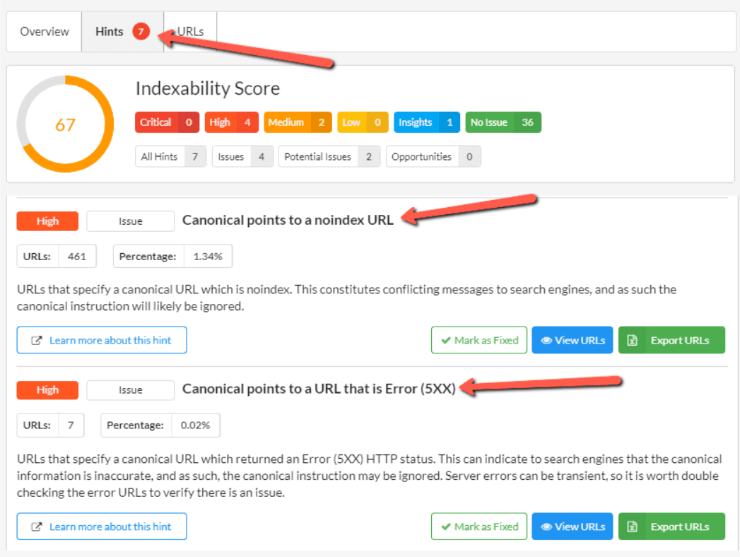 Sitebulb's interface when canonical tag issues are reported