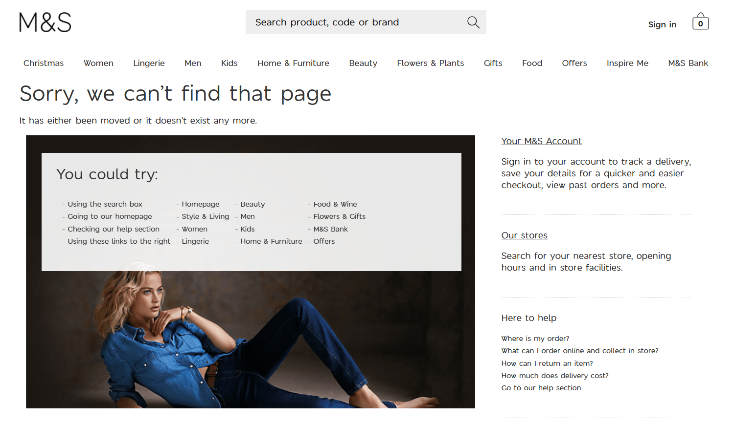 screenshot of M&A customized 404 page, containing links to useful pages