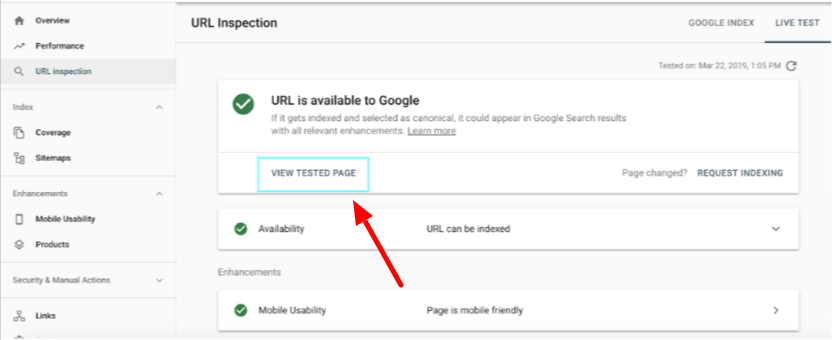 Google inspect URL- role of JavaScript in ecommerce seo