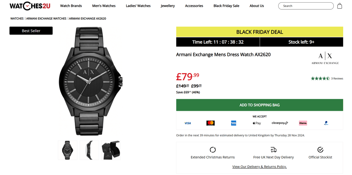 screenshot of the Watches2U product landing page showcasing an Armani Exchange Mens Dress Watch AX2620