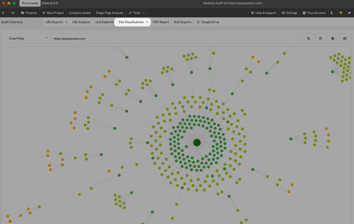 A screenshot of a website crawl map with green and orange dots representing pages and their link structure.