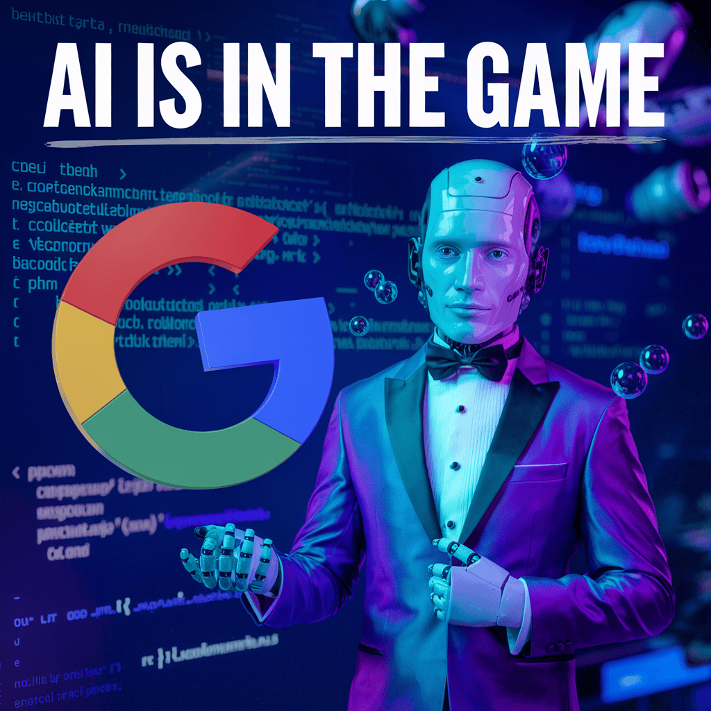 A figure in a tuxedo with a Google "G" logo for a head, surrounded by digital graphics and the text "AI IS IN THE GAME".