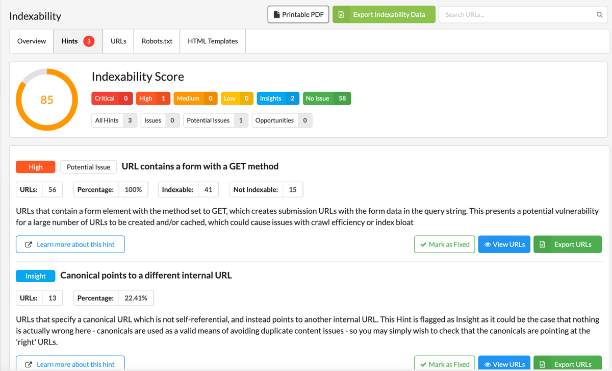 screenshot of Sitebulb indexability report overview