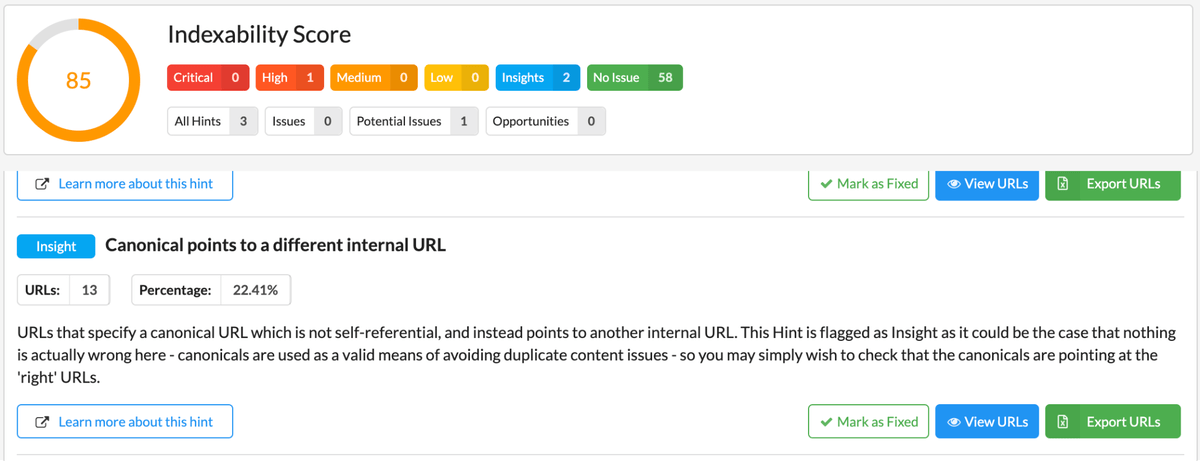 screenshot of Sitebulb indexability Hint: canonical points to a different internal URL