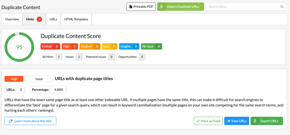 screenshot of Sitebulb duplicate content report overview