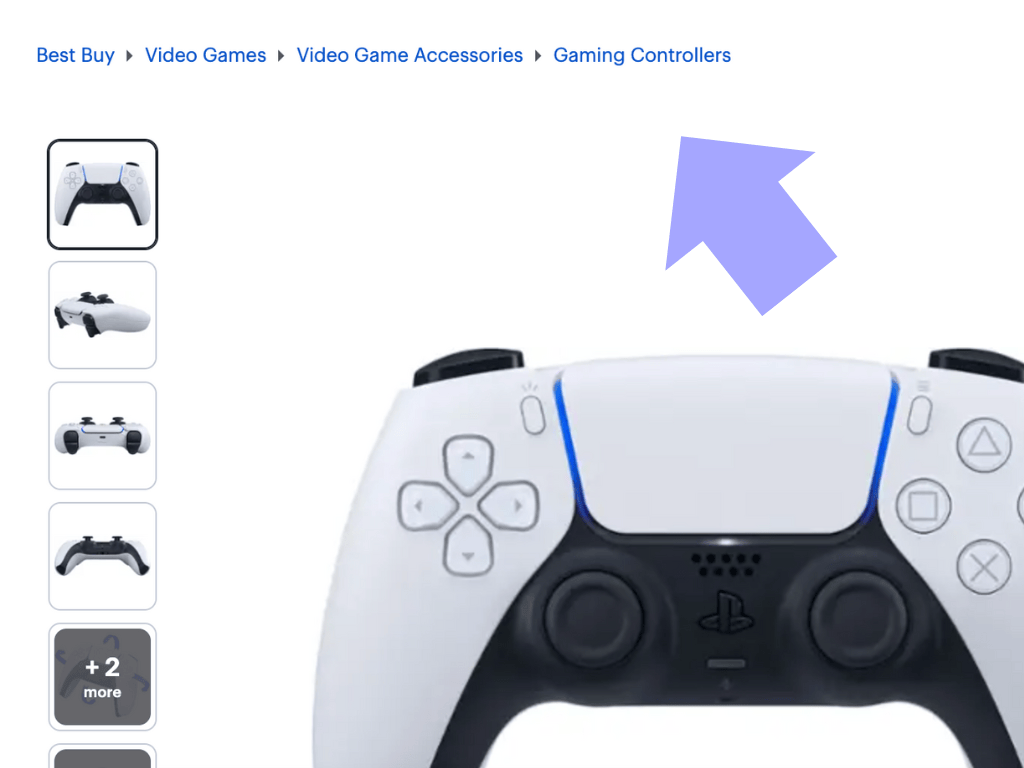 Image of a video game controller with an arrow pointing to breadcrumb text in the upper left corner.