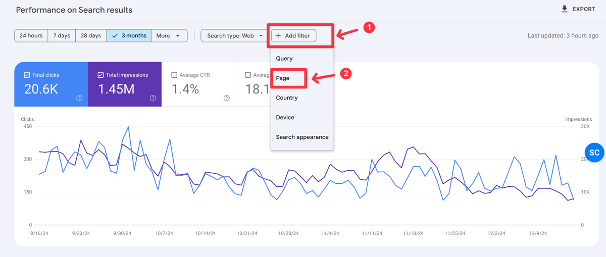 Steps of applying filters on search results in GSC