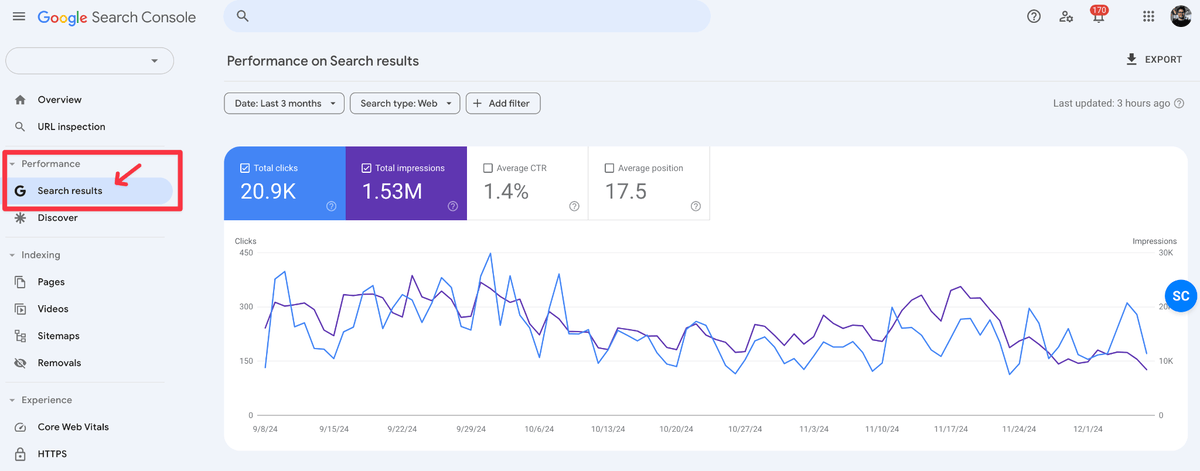 Search results report in Google Search Console