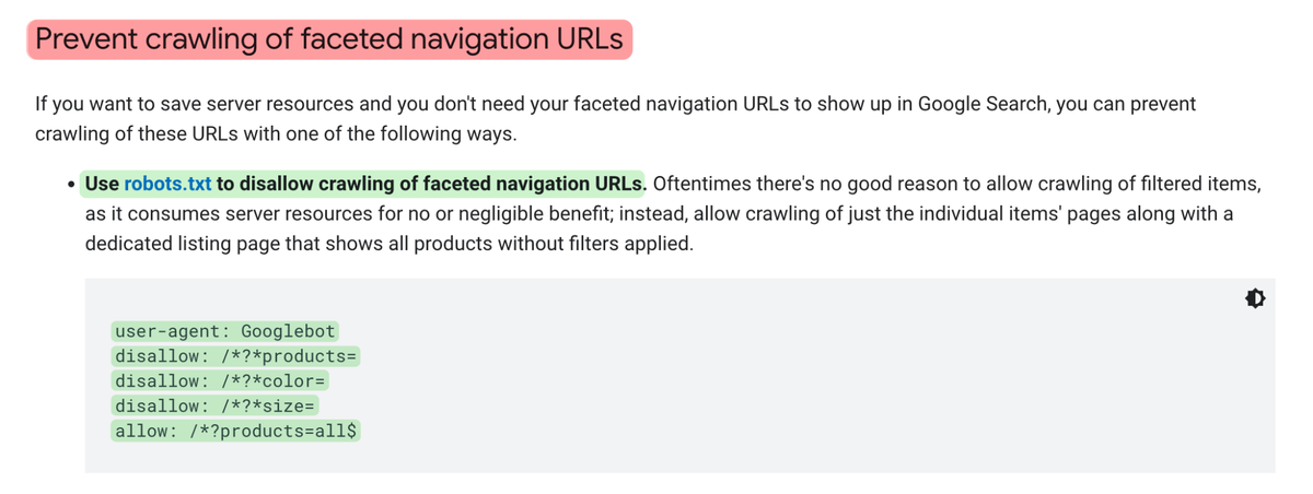 Google's recommendations on crawling of the faceted navigation