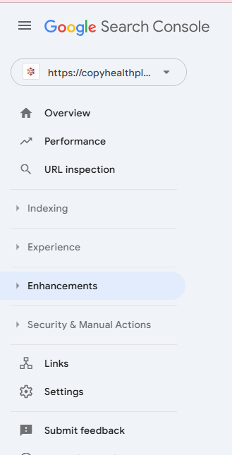 "Enhancements" section of a Google Search Console account
