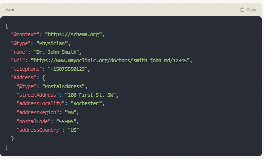 AI-generated JSON-LD schema markup for a physician's profile page
