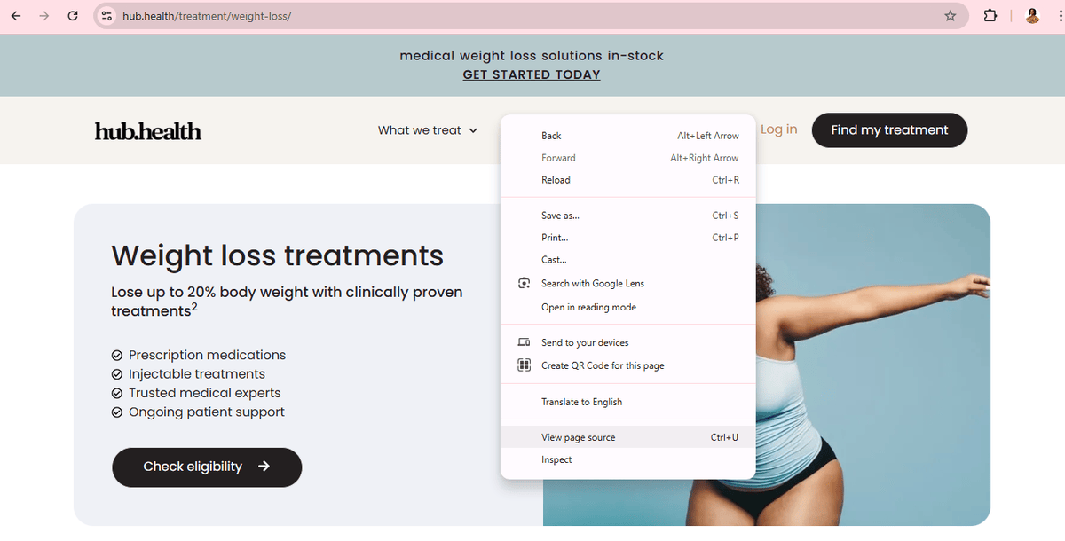 hub.health Australia's weight loss treatment page displaying the right-clicked context menu in Google Chrome