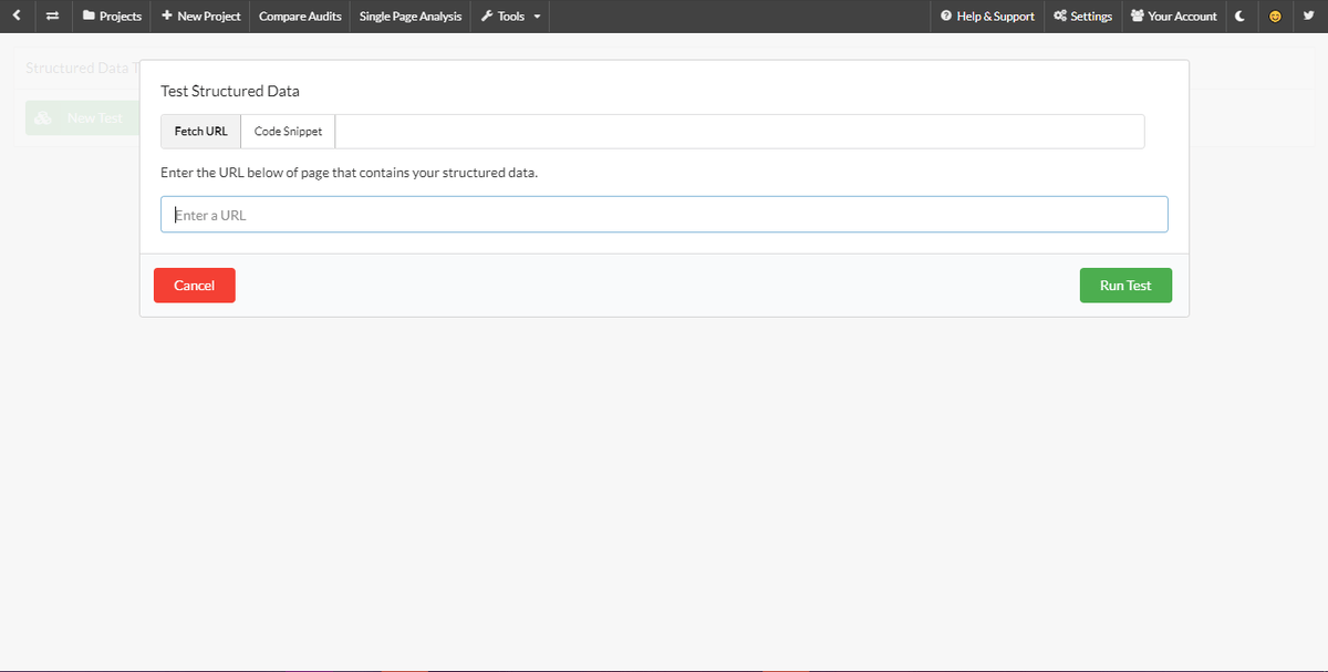 Screenshot of the schema data testing tool within Sitebulb's interface