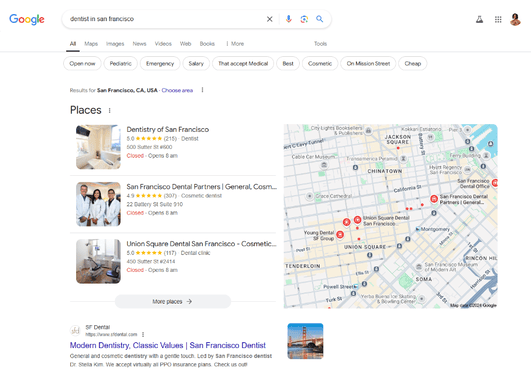 Google rich results for the search query "dentist in san franscisco"