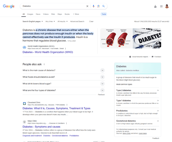 Google rich results for the search query "diabetes"