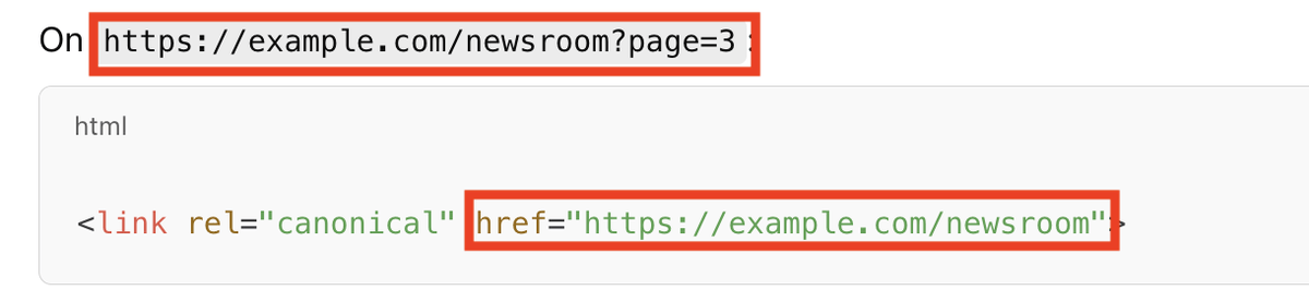 an example showing a canonical link tag on https://example.com/newsroom?page=3, incorrectly pointing to https://example.com/newsroom with the code <link rel="canonical" href="https://example.com/newsroom">.