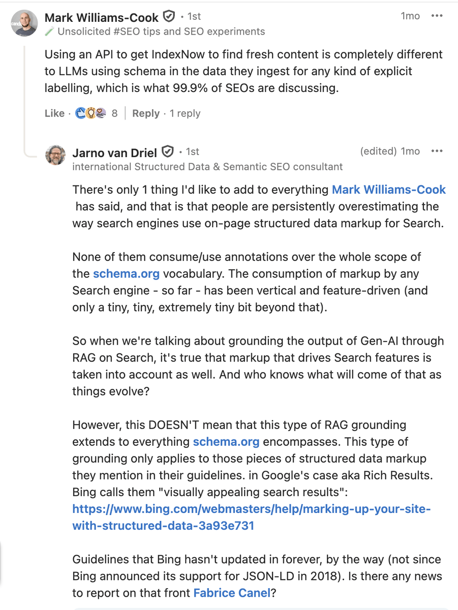 Mark Williams-Cook LinkedIn post with lengthy comment from Jarno van Driel about the use of schema in RAG grounding