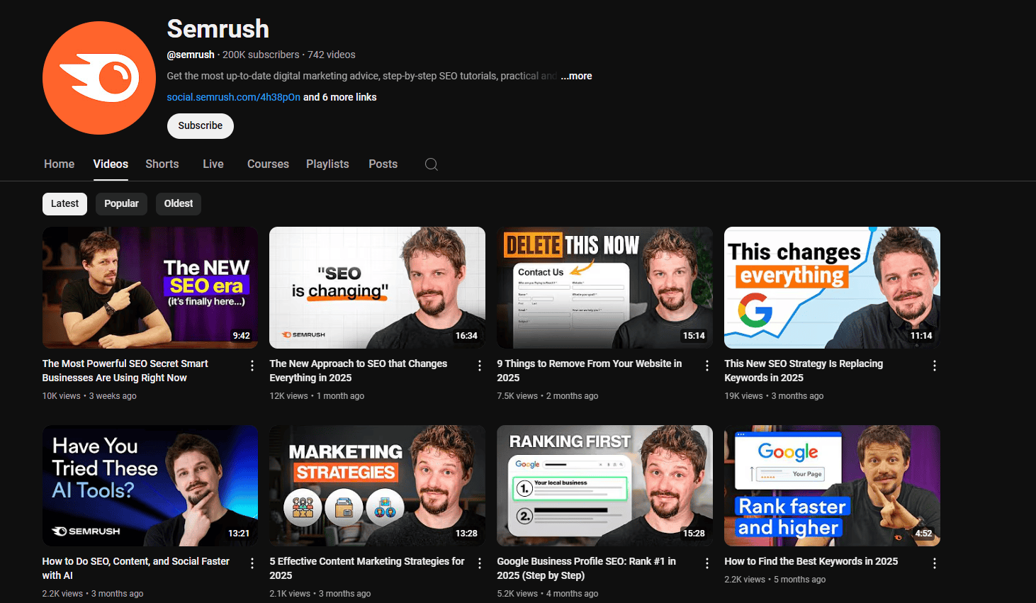 Screenshot of Semrush YouTube channel