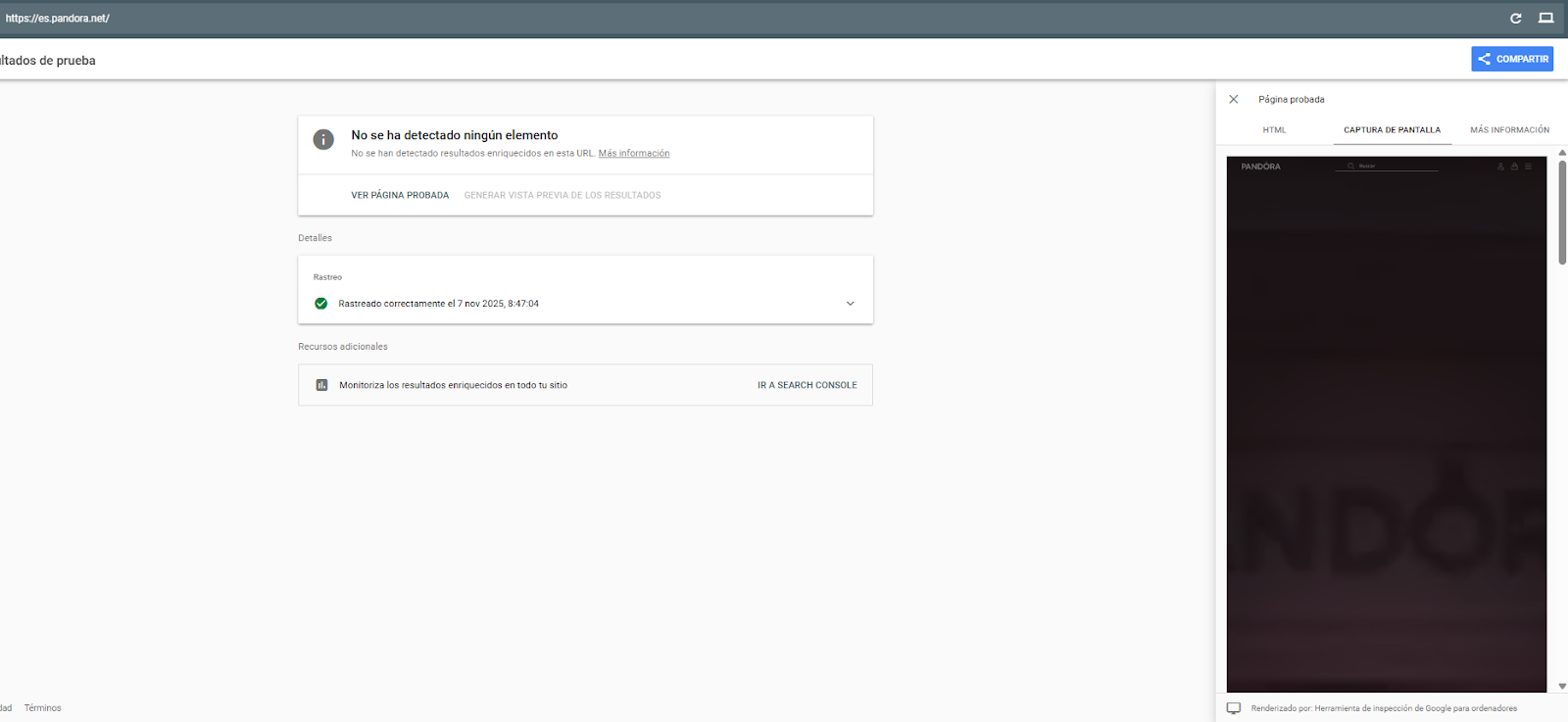 CSS matters in the rendering process: screenshot of rich results test of es.pandora.et