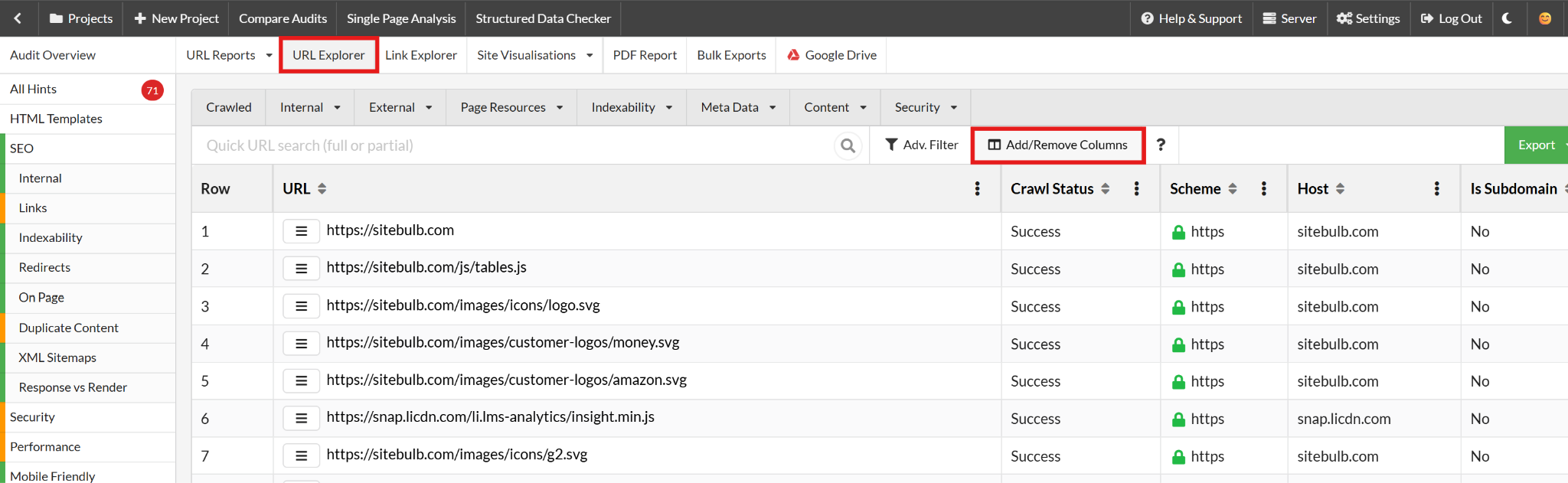 Screenshot of URL Explorer in Sitebulb with where to add/remove columns highlighted for customizing reporting