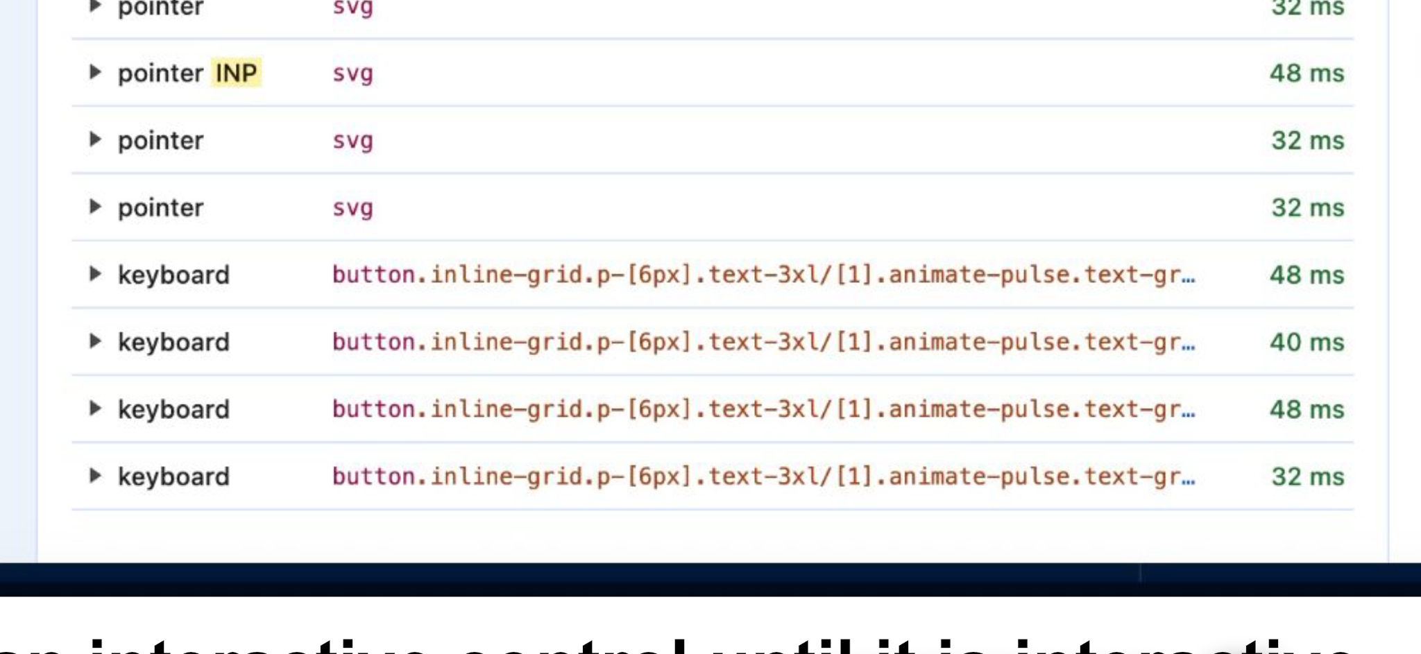 Zoom to interactions part of previous image. INP selected as 48ms after multiple different INP values from 32ms to 48ms
