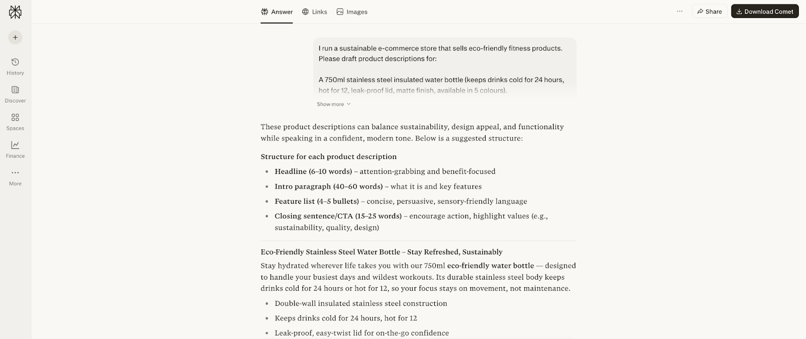 A detailed prompt and answer for product description outlines  generated with Perplexity
