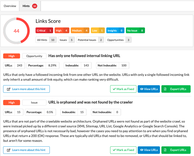 Sitebulb Links Score hints showing 243 URLs with only one followed internal link and 15 orphaned URLs.