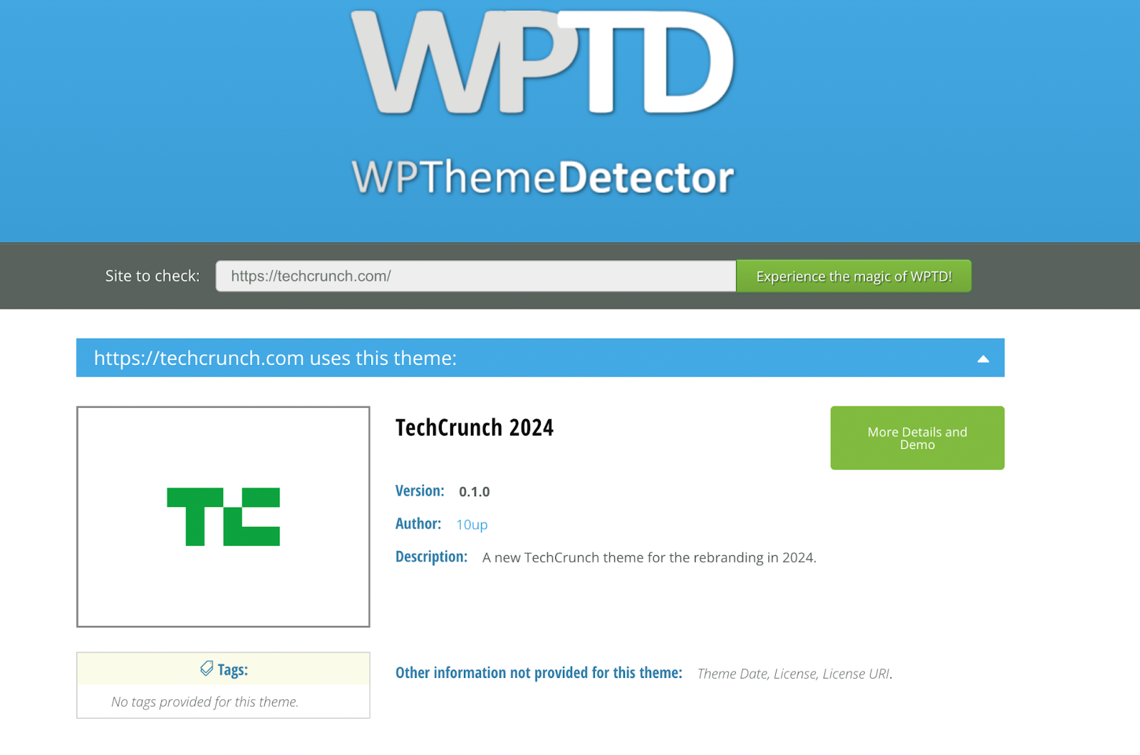 An image of WP Theme Detector. A tool you can use to view competitors’ theme frameworks and quickly discover the name, author, and version of the WordPress theme.