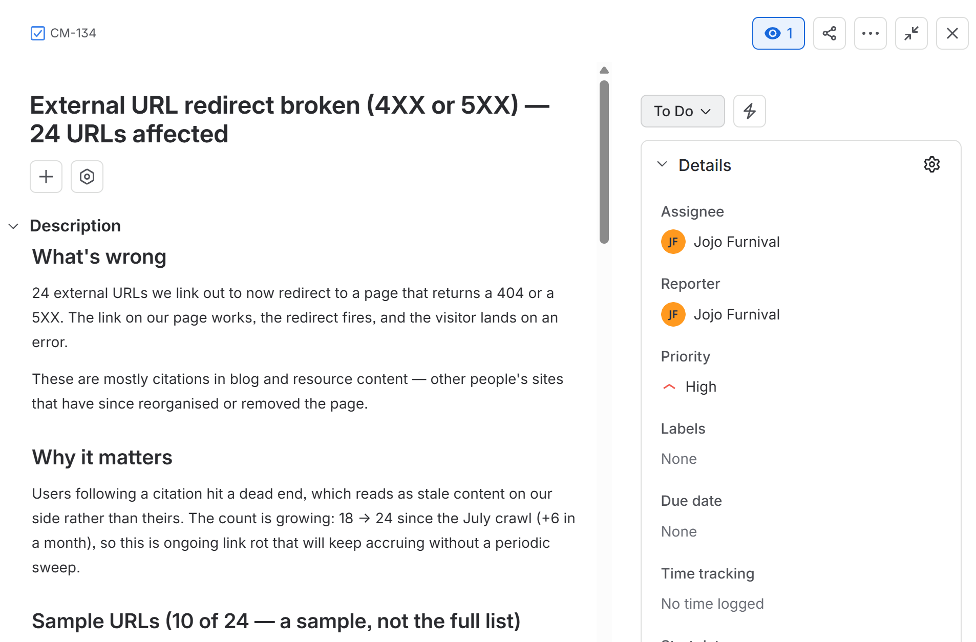 Jira ticket created by Claude Cowork using Sitebulb MCP and dev-handoff Skill