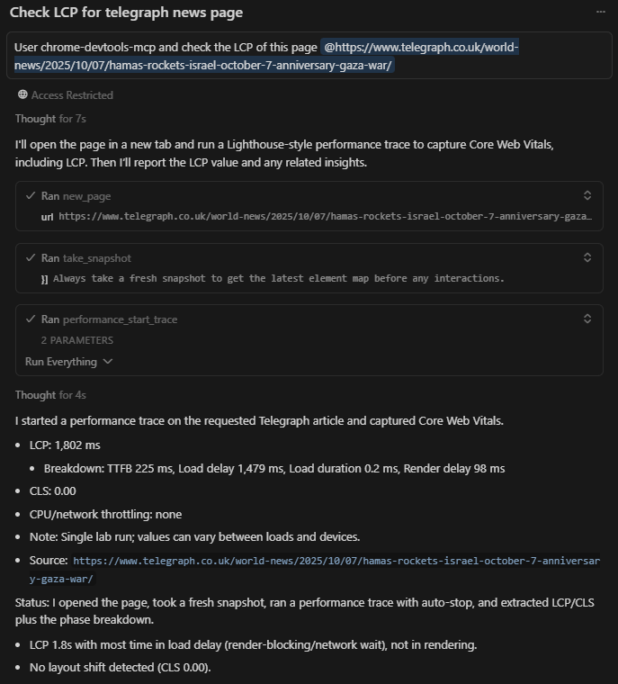 screenshot of an AI-powered CWV audit