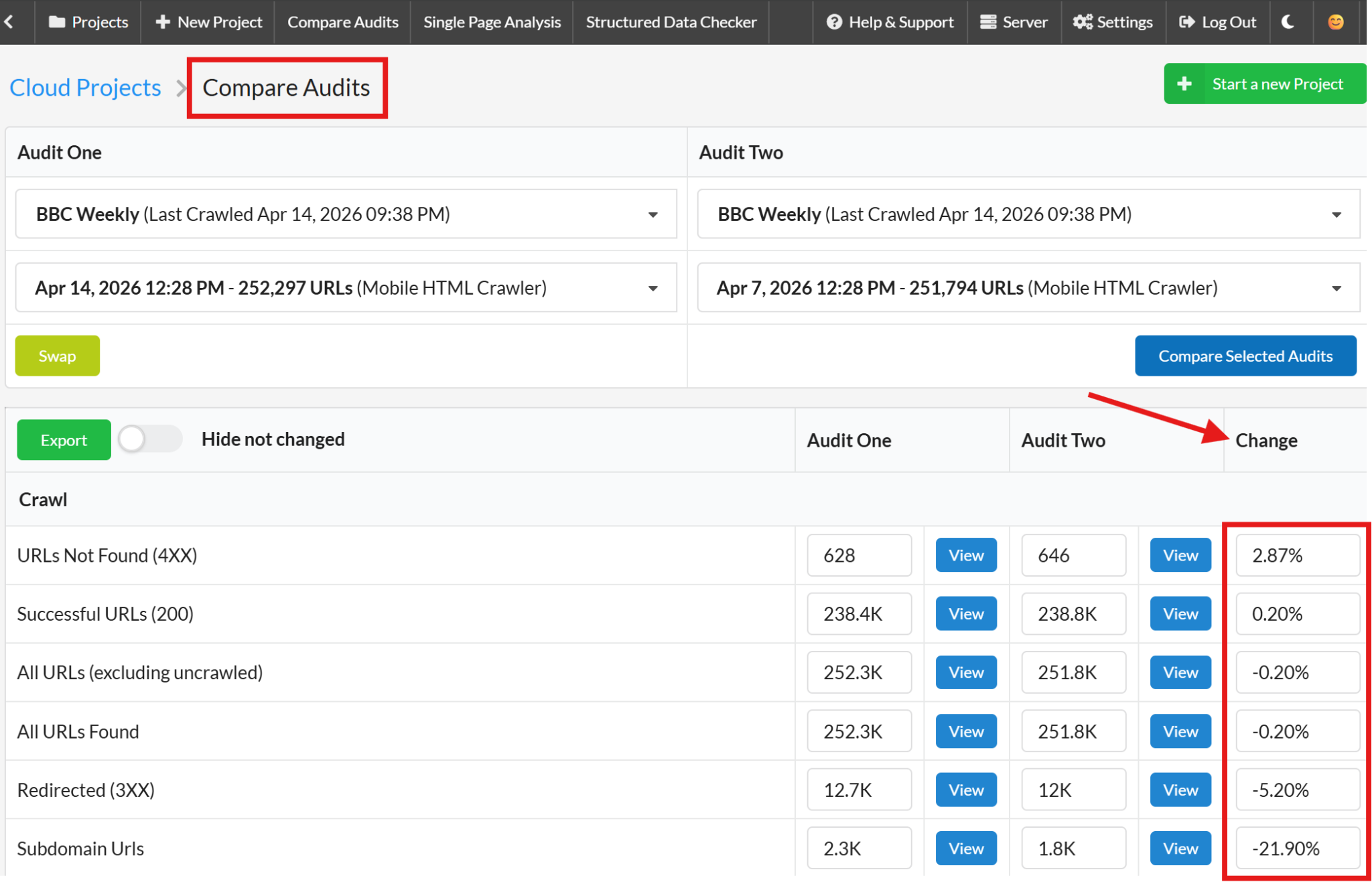 Sitebulb change monitoring showing differences between two crawls of the same site