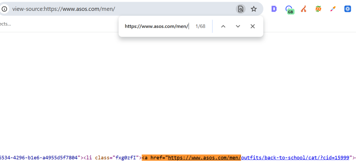 Category page included as standard <a href> links in the initial HTML on the Asos website