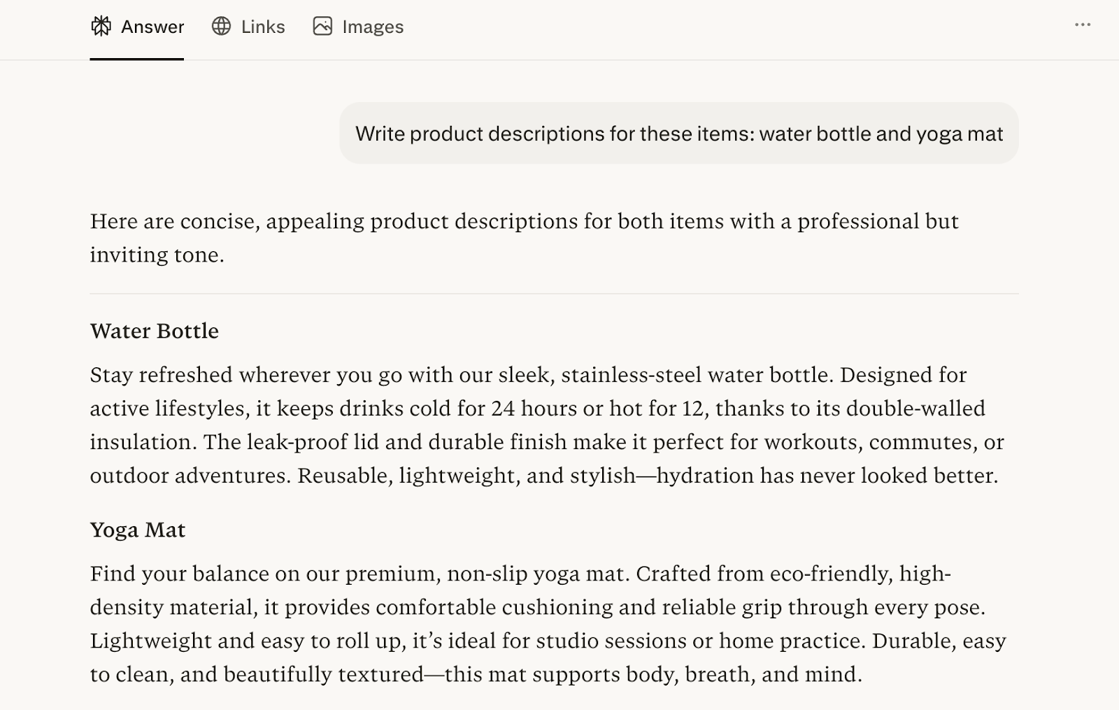 Perplexity results for a generic product description prompt request