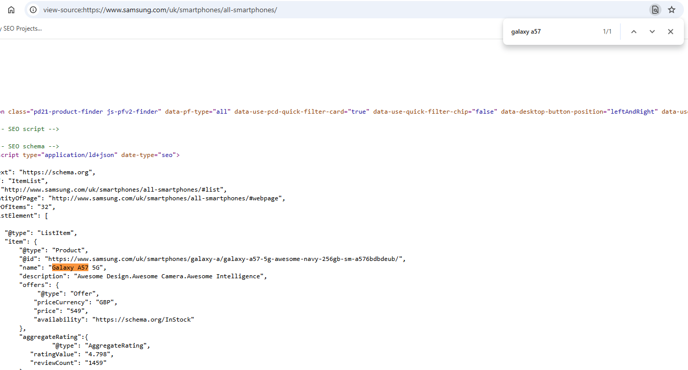 “Galaxy A57” shows the product name within the page
